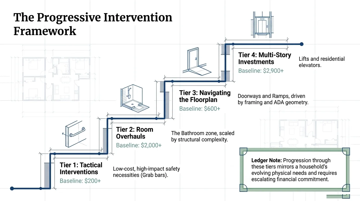 Slide: the progressive intervention framework, four tiers from tactical interventions to multi-story investments