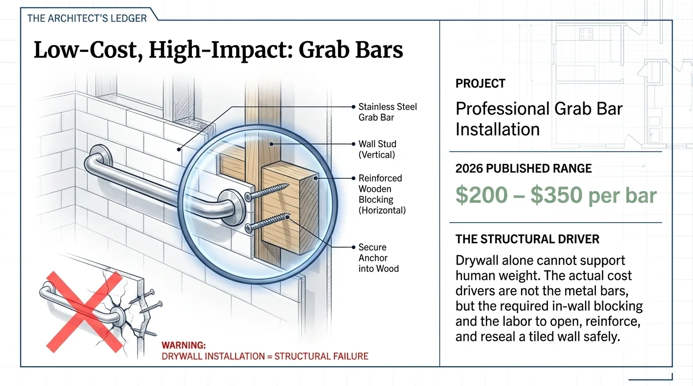 Slide: low-cost, high-impact grab bars, showing a bar anchored into wall studs and reinforced blocking