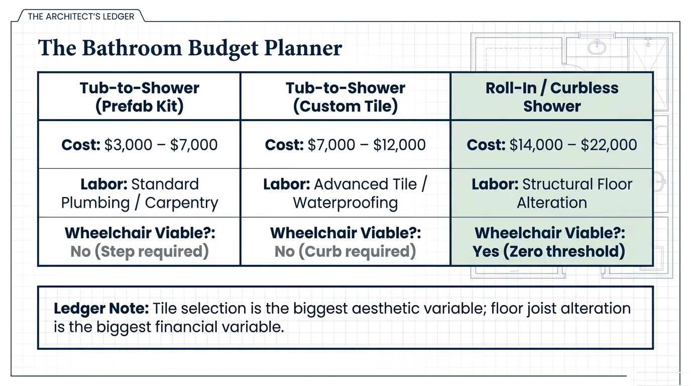 Slide: the bathroom budget planner comparing prefab, custom tile and roll-in showers on cost, labour and wheelchair viability