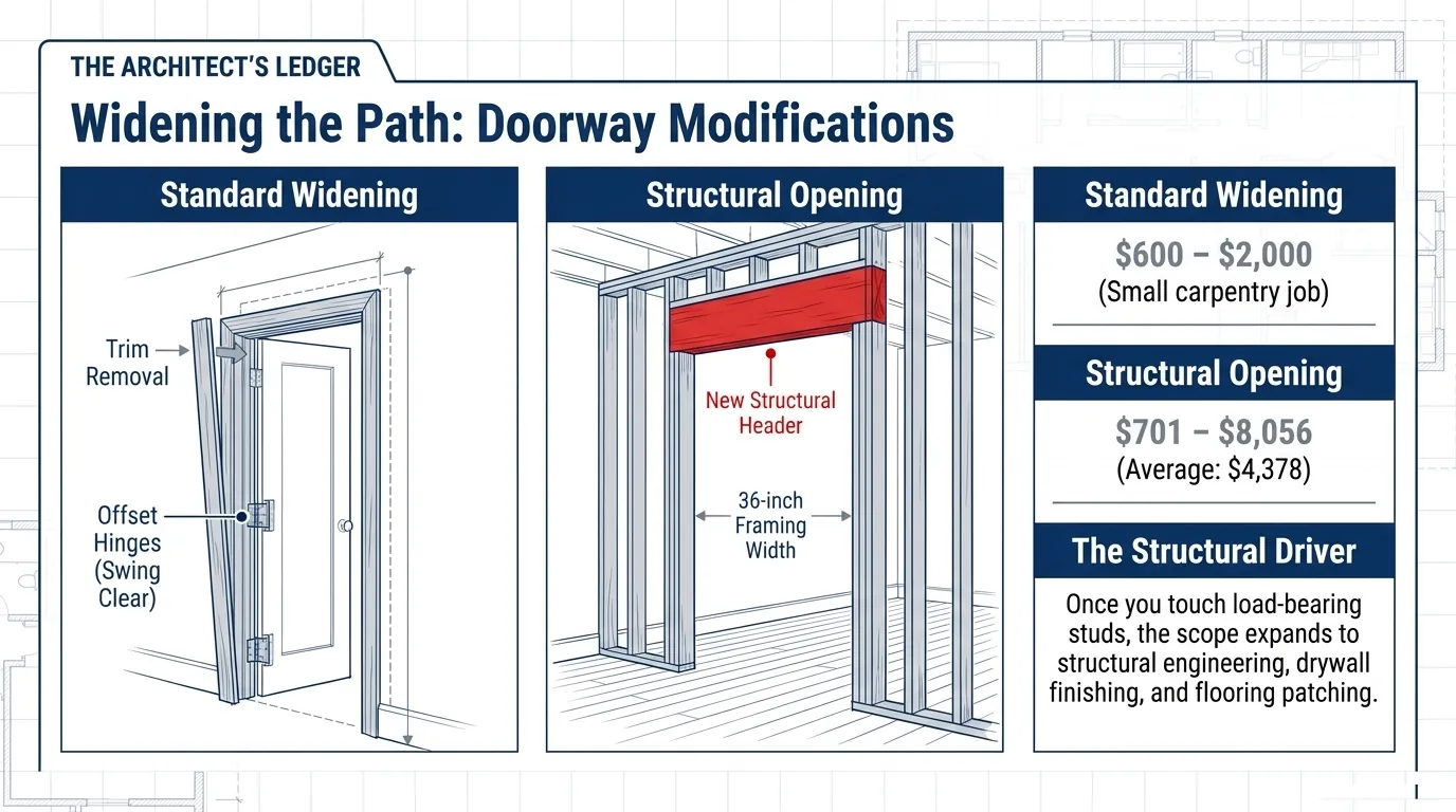 Slide: doorway modifications comparing standard widening with a structural opening in a load-bearing wall