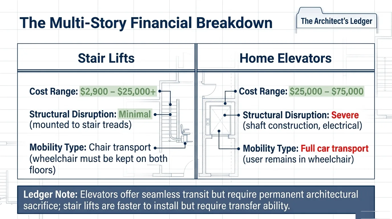 Slide: the multi-story financial breakdown comparing stair lifts and home elevators on cost, disruption and mobility type