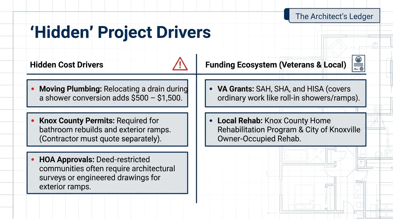 Slide: hidden project drivers - moving plumbing, Knox County permits and HOA approvals, with the veteran and local funding routes