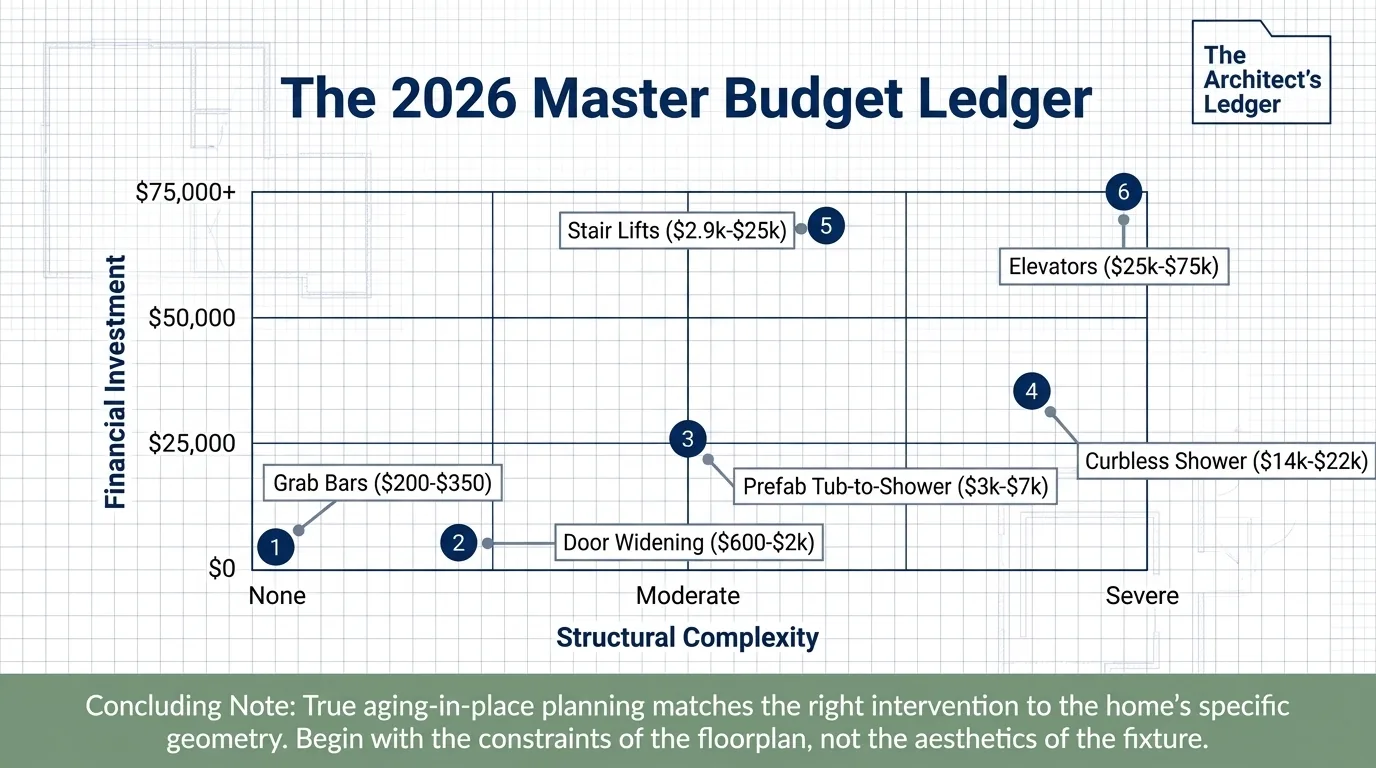 Slide: the 2026 master budget ledger, plotting six modifications against structural complexity and cost